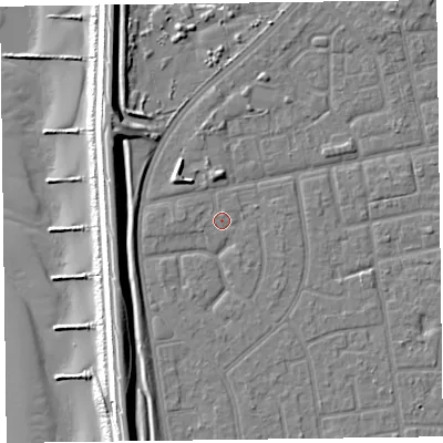Shaded relief map of the ground around FY78BQ, computed from Environment Agency LiDAR. The ground here sits at about 5 m above sea level and falls 12 m across the surrounding 800 m. Surface water reaching this point runs off ground lying to the west, 0.9 m higher.