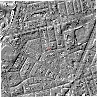 Shaded relief map of the ground around FY78BS, computed from Environment Agency LiDAR. The ground here sits at about 5 m above sea level and falls 5 m across the surrounding 800 m. Surface water reaching this point runs off ground lying to the north, 2.1 m higher.