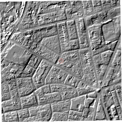 Shaded relief map of the ground around FY78BT, computed from Environment Agency LiDAR. The ground here sits at about 5 m above sea level and falls 4 m across the surrounding 800 m. Surface water reaching this point runs off ground lying to the west-north-west, 2.2 m higher.