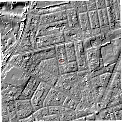 Shaded relief map of the ground around FY78BU, computed from Environment Agency LiDAR. The ground here sits at about 5 m above sea level and falls 4 m across the surrounding 800 m. Surface water reaching this point runs off ground lying to the north-north-east, 1.4 m higher.