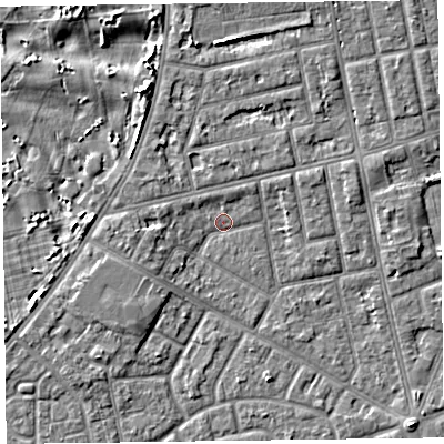 Shaded relief map of the ground around FY78BX, computed from Environment Agency LiDAR. The ground here sits at about 5 m above sea level and falls 5 m across the surrounding 800 m. Surface water reaching this point runs off ground lying to the west, 1.8 m higher.