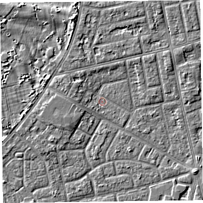 Shaded relief map of the ground around FY78BY, computed from Environment Agency LiDAR. The ground here sits at about 5 m above sea level and falls 5 m across the surrounding 800 m. Surface water reaching this point runs off ground lying to the west-north-west, 2.2 m higher.