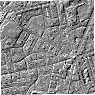 Shaded relief map of the ground around FY78BZ, computed from Environment Agency LiDAR. The ground here sits at about 5 m above sea level and falls 3 m across the surrounding 800 m. Surface water reaching this point runs off ground lying to the west-south-west, 1.4 m higher.