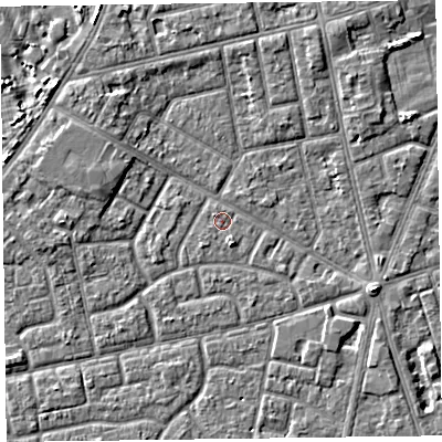 Shaded relief map of the ground around FY78DA, computed from Environment Agency LiDAR. The ground here sits at about 5 m above sea level and falls 3 m across the surrounding 800 m. Surface water reaching this point runs off ground lying to the south-south-east, 1.1 m higher.