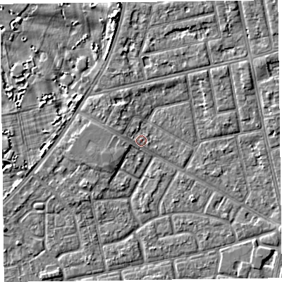 Shaded relief map of the ground around FY78DD, computed from Environment Agency LiDAR. The ground here sits at about 6 m above sea level and falls 5 m across the surrounding 800 m. Surface water reaching this point runs off ground lying to the west-south-west, 1.5 m higher.