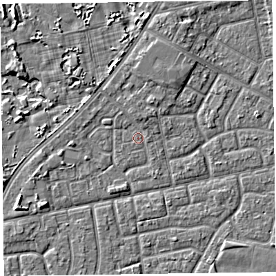 Shaded relief map of the ground around FY78DE, computed from Environment Agency LiDAR. The ground here sits at about 5 m above sea level and falls 6 m across the surrounding 800 m. Surface water reaching this point runs off ground lying to the north-north-west, 1.4 m higher.