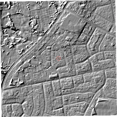 Shaded relief map of the ground around FY78DF, computed from Environment Agency LiDAR. The ground here sits at about 5 m above sea level and falls 6 m across the surrounding 800 m. The ground contributing surface water to this point lies to the west.