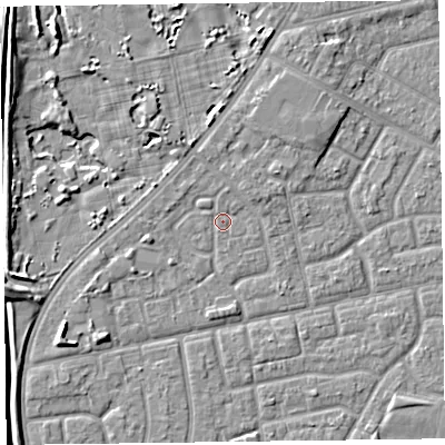 Shaded relief map of the ground around FY78DG, computed from Environment Agency LiDAR. The ground here sits at about 5 m above sea level and falls 7 m across the surrounding 800 m. Surface water reaching this point runs off ground lying to the north, 0.9 m higher.
