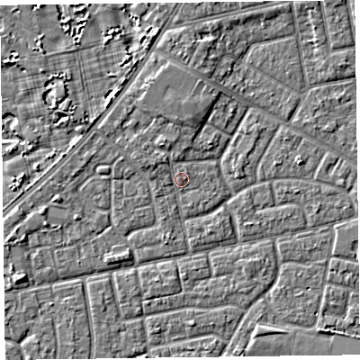 Shaded relief map of the ground around FY78DH, computed from Environment Agency LiDAR. The ground here sits at about 5 m above sea level and falls 4 m across the surrounding 800 m. Surface water reaching this point runs off ground lying to the north, 1.8 m higher.