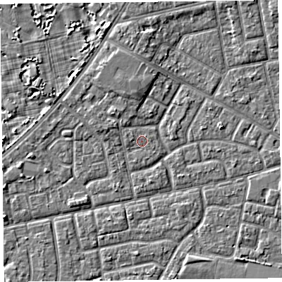 Shaded relief map of the ground around FY78DJ, computed from Environment Agency LiDAR. The ground here sits at about 5 m above sea level and falls 4 m across the surrounding 800 m. The ground contributing surface water to this point lies to the east-south-east.