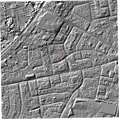 Shaded relief map of the ground around FY78DL, computed from Environment Agency LiDAR. The ground here sits at about 5 m above sea level and falls 4 m across the surrounding 800 m. Surface water reaching this point runs off ground lying to the north-north-west, 2.6 m higher.