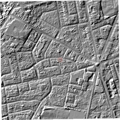 Shaded relief map of the ground around FY78DN, computed from Environment Agency LiDAR. The ground here sits at about 5 m above sea level and falls 3 m across the surrounding 800 m. Surface water reaching this point runs off ground lying to the east, 0.7 m higher.