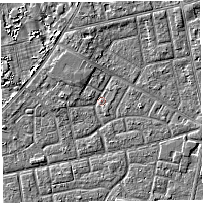 Shaded relief map of the ground around FY78DP, computed from Environment Agency LiDAR. The ground here sits at about 5 m above sea level and falls 4 m across the surrounding 800 m. Surface water reaching this point runs off ground lying to the north-north-west, 2.2 m higher.