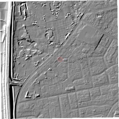 Shaded relief map of the ground around FY78DQ, computed from Environment Agency LiDAR. The ground here sits at about 5 m above sea level and falls 10 m across the surrounding 800 m. Surface water reaching this point runs off ground lying to the north-north-east, 0.8 m higher.