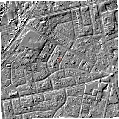 Shaded relief map of the ground around FY78DR, computed from Environment Agency LiDAR. The ground here sits at about 5 m above sea level and falls 4 m across the surrounding 800 m. Surface water reaching this point runs off ground lying to the south-east, 0.6 m higher.
