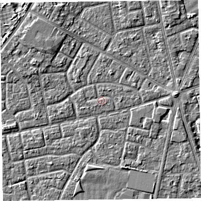 Shaded relief map of the ground around FY78DS, computed from Environment Agency LiDAR. The ground here sits at about 5 m above sea level and falls 4 m across the surrounding 800 m. Surface water reaching this point runs off ground lying to the east, 0.8 m higher.