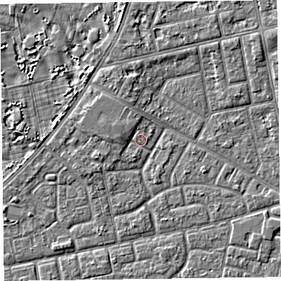 Shaded relief map of the ground around FY78DT, computed from Environment Agency LiDAR. The ground here sits at about 5 m above sea level and falls 4 m across the surrounding 800 m. Surface water reaching this point runs off ground lying to the west-north-west, 2.0 m higher.