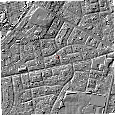 Shaded relief map of the ground around FY78DW, computed from Environment Agency LiDAR. The ground here sits at about 5 m above sea level and falls 3 m across the surrounding 800 m. Surface water reaching this point runs off ground lying to the north-north-west, 2.3 m higher.