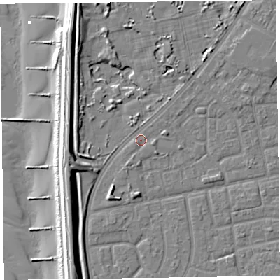 Shaded relief map of the ground around FY78DX, computed from Environment Agency LiDAR. The ground here sits at about 5 m above sea level and falls 12 m across the surrounding 800 m. Surface water reaching this point runs off ground lying to the west-south-west, 7.1 m higher.