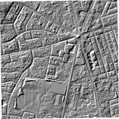 Shaded relief map of the ground around FY78DY, computed from Environment Agency LiDAR. The ground here sits at about 5 m above sea level and falls 3 m across the surrounding 800 m. Surface water reaching this point runs off ground lying to the north-east, 0.9 m higher.