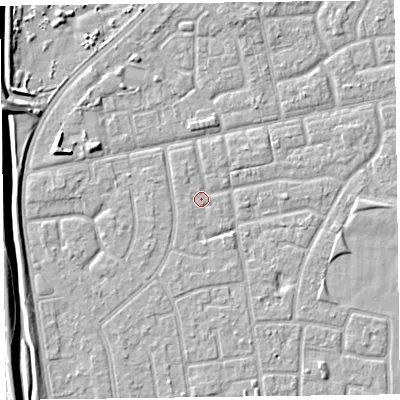 Shaded relief map of the ground around FY78EA, computed from Environment Agency LiDAR. The ground here sits at about 5 m above sea level and falls 6 m across the surrounding 800 m. Surface water reaching this point runs off ground lying to the west-south-west, 2.6 m higher.