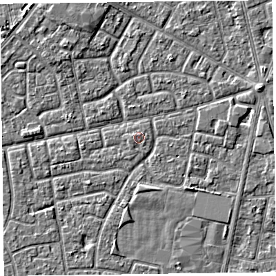 Shaded relief map of the ground around FY78EB, computed from Environment Agency LiDAR. The ground here sits at about 5 m above sea level and falls 3 m across the surrounding 800 m. Surface water reaching this point runs off ground lying to the west-north-west, 0.5 m higher.