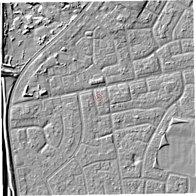 Shaded relief map of the ground around FY78ED, computed from Environment Agency LiDAR. The ground here sits at about 5 m above sea level and falls 7 m across the surrounding 800 m. Surface water reaching this point runs off ground lying to the south-west, 0.7 m higher.