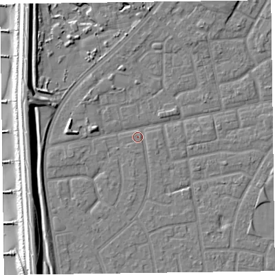 Shaded relief map of the ground around FY78EE, computed from Environment Agency LiDAR. The ground here sits at about 5 m above sea level and falls 11 m across the surrounding 800 m. Surface water reaching this point runs off ground lying to the south, 1.0 m higher.
