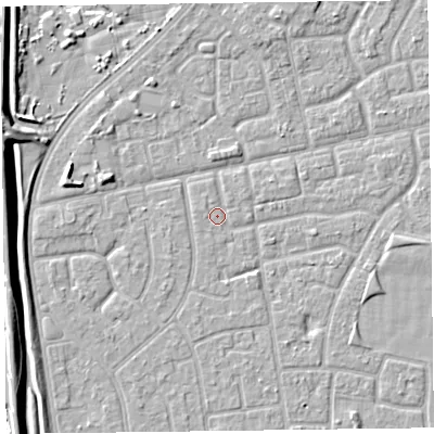 Shaded relief map of the ground around FY78EF, computed from Environment Agency LiDAR. The ground here sits at about 5 m above sea level and falls 7 m across the surrounding 800 m. Surface water reaching this point runs off ground lying to the west-north-west, 0.7 m higher.