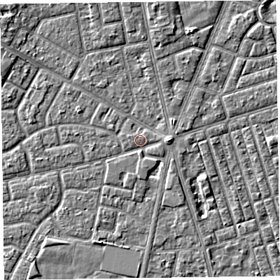 Shaded relief map of the ground around FY78EG, computed from Environment Agency LiDAR. The ground here sits at about 5 m above sea level and falls 4 m across the surrounding 800 m. Surface water reaching this point runs off ground lying to the east, 1.9 m higher.