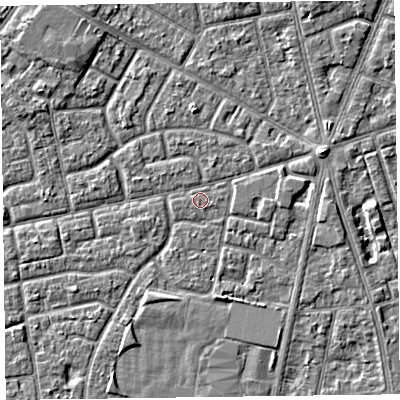 Shaded relief map of the ground around FY78EH, computed from Environment Agency LiDAR. The ground here sits at about 5 m above sea level and falls 3 m across the surrounding 800 m. Surface water reaching this point runs off ground lying to the east-north-east, 2.1 m higher.