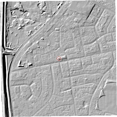 Shaded relief map of the ground around FY78EJ, computed from Environment Agency LiDAR. The ground here sits at about 6 m above sea level and falls 7 m across the surrounding 800 m. Surface water reaching this point runs off ground lying to the west, 3.2 m higher.