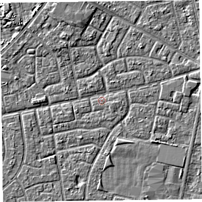 Shaded relief map of the ground around FY78EN, computed from Environment Agency LiDAR. The ground here sits at about 5 m above sea level and falls 3 m across the surrounding 800 m. Surface water reaching this point runs off ground lying to the south-east, 2.0 m higher.