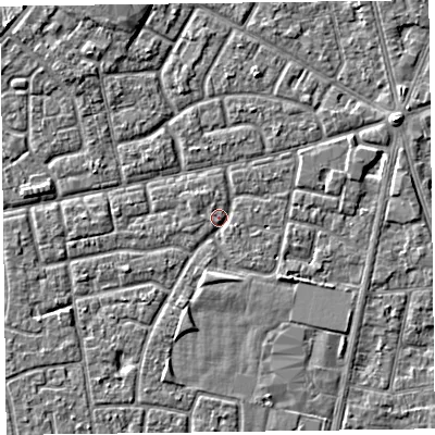 Shaded relief map of the ground around FY78EP, computed from Environment Agency LiDAR. The ground here sits at about 5 m above sea level and falls 3 m across the surrounding 800 m. Surface water reaching this point runs off ground lying to the south-east, 2.0 m higher.
