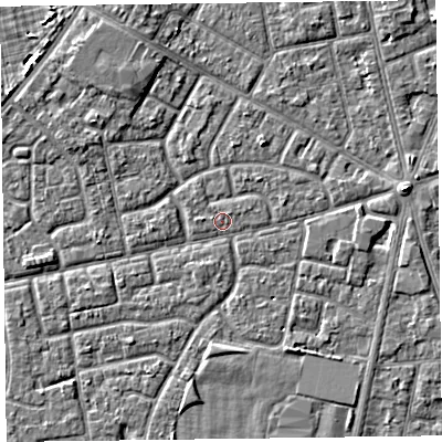 Shaded relief map of the ground around FY78EQ, computed from Environment Agency LiDAR. The ground here sits at about 5 m above sea level and falls 3 m across the surrounding 800 m. Surface water reaching this point runs off ground lying to the west, 0.6 m higher.