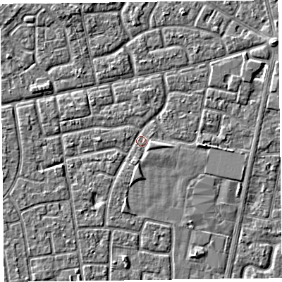 Shaded relief map of the ground around FY78ER, computed from Environment Agency LiDAR. The ground here sits at about 5 m above sea level and falls 3 m across the surrounding 800 m. Surface water reaching this point runs off ground lying to the east-south-east, 1.7 m higher.