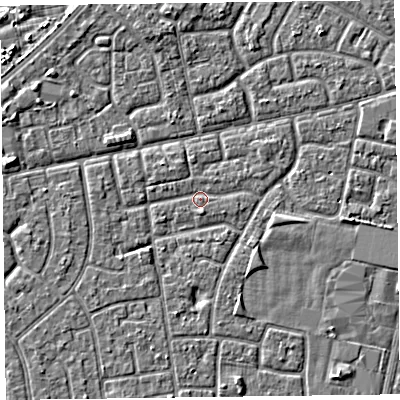 Shaded relief map of the ground around FY78ES, computed from Environment Agency LiDAR. The ground here sits at about 5 m above sea level and falls 4 m across the surrounding 800 m. The ground contributing surface water to this point lies to the east.