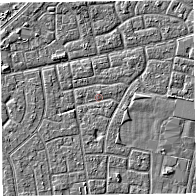 Shaded relief map of the ground around FY78ET, computed from Environment Agency LiDAR. The ground here sits at about 5 m above sea level and falls 3 m across the surrounding 800 m. Surface water reaching this point runs off ground lying to the south-west, 1.3 m higher.