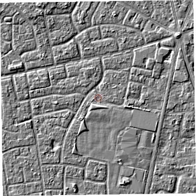 Shaded relief map of the ground around FY78EU, computed from Environment Agency LiDAR. The ground here sits at about 5 m above sea level and falls 3 m across the surrounding 800 m. Surface water reaching this point runs off ground lying to the south, 1.3 m higher.