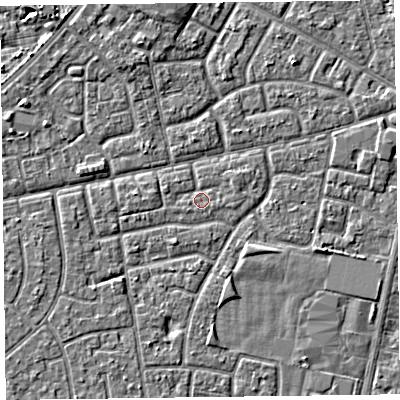 Shaded relief map of the ground around FY78EW, computed from Environment Agency LiDAR. The ground here sits at about 5 m above sea level and falls 3 m across the surrounding 800 m. Surface water reaching this point runs off ground lying to the east-north-east, 0.7 m higher.