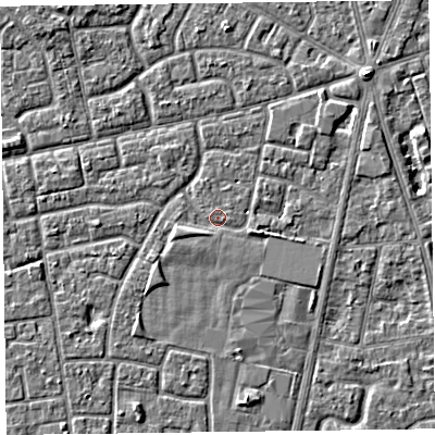 Shaded relief map of the ground around FY78EX, computed from Environment Agency LiDAR. The ground here sits at about 5 m above sea level and falls 3 m across the surrounding 800 m. Surface water reaching this point runs off ground lying to the west-south-west, 1.2 m higher.