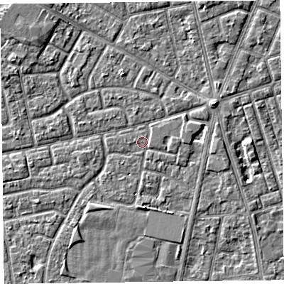Shaded relief map of the ground around FY78EY, computed from Environment Agency LiDAR. The ground here sits at about 5 m above sea level and falls 3 m across the surrounding 800 m. Surface water reaching this point runs off ground lying to the east-south-east, 0.5 m higher.