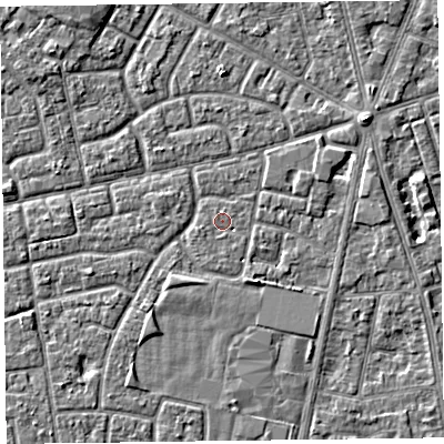 Shaded relief map of the ground around FY78EZ, computed from Environment Agency LiDAR. The ground here sits at about 5 m above sea level and falls 3 m across the surrounding 800 m. Surface water reaching this point runs off ground lying to the south-south-east, 2.0 m higher.