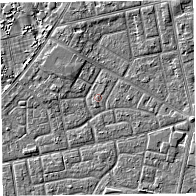 Shaded relief map of the ground around FY78FD, computed from Environment Agency LiDAR. The ground here sits at about 5 m above sea level and falls 4 m across the surrounding 800 m. Surface water reaching this point runs off ground lying to the south-south-east, 0.6 m higher.