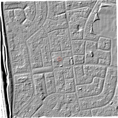 Shaded relief map of the ground around FY78FP, computed from Environment Agency LiDAR. The ground here sits at about 5 m above sea level and falls 7 m across the surrounding 800 m. Surface water reaching this point runs off ground lying to the west-north-west, 0.6 m higher.