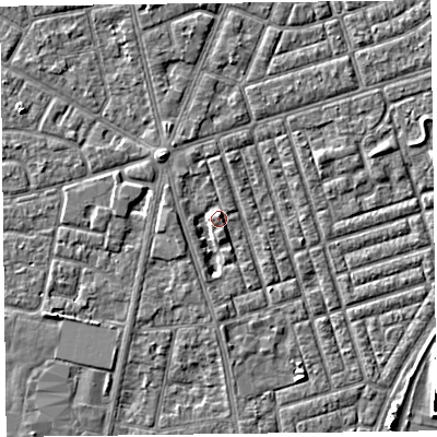 Shaded relief map of the ground around FY78GT, computed from Environment Agency LiDAR. The ground here sits at about 6 m above sea level and falls 4 m across the surrounding 800 m. Surface water reaching this point runs off ground lying to the west, 2.1 m higher.