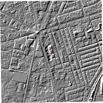 Shaded relief map of the ground around FY78GX, computed from Environment Agency LiDAR. The ground here sits at about 6 m above sea level and falls 4 m across the surrounding 800 m. Surface water reaching this point runs off ground lying to the west-north-west, 2.1 m higher.