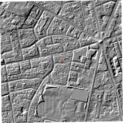 Shaded relief map of the ground around FY78HA, computed from Environment Agency LiDAR. The ground here sits at about 5 m above sea level and falls 3 m across the surrounding 800 m. Surface water reaching this point runs off ground lying to the south, 0.6 m higher.