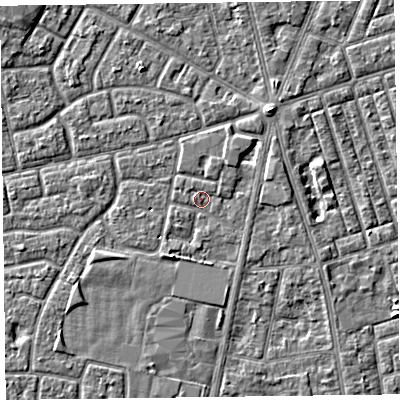 Shaded relief map of the ground around FY78HB, computed from Environment Agency LiDAR. The ground here sits at about 5 m above sea level and falls 3 m across the surrounding 800 m. Surface water reaching this point runs off ground lying to the south-south-west, 1.9 m higher.