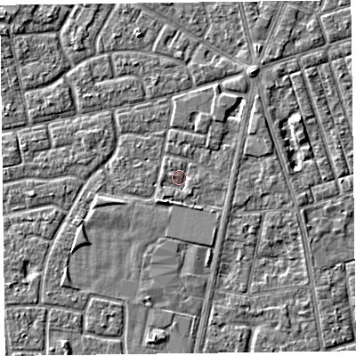 Shaded relief map of the ground around FY78HD, computed from Environment Agency LiDAR. The ground here sits at about 5 m above sea level and falls 3 m across the surrounding 800 m. Surface water reaching this point runs off ground lying to the south-south-west, 1.9 m higher.
